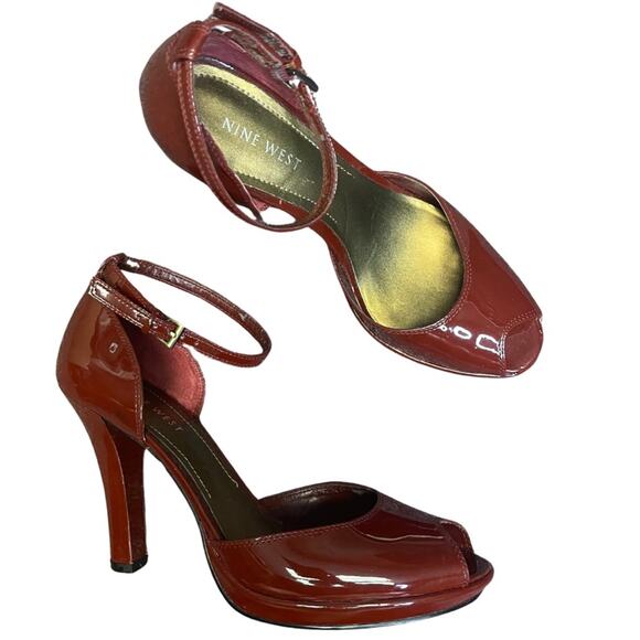 Nine West heels peep toe ankle strap blood red patent leather sexy classic  7.5 - Picture 1 of 10
